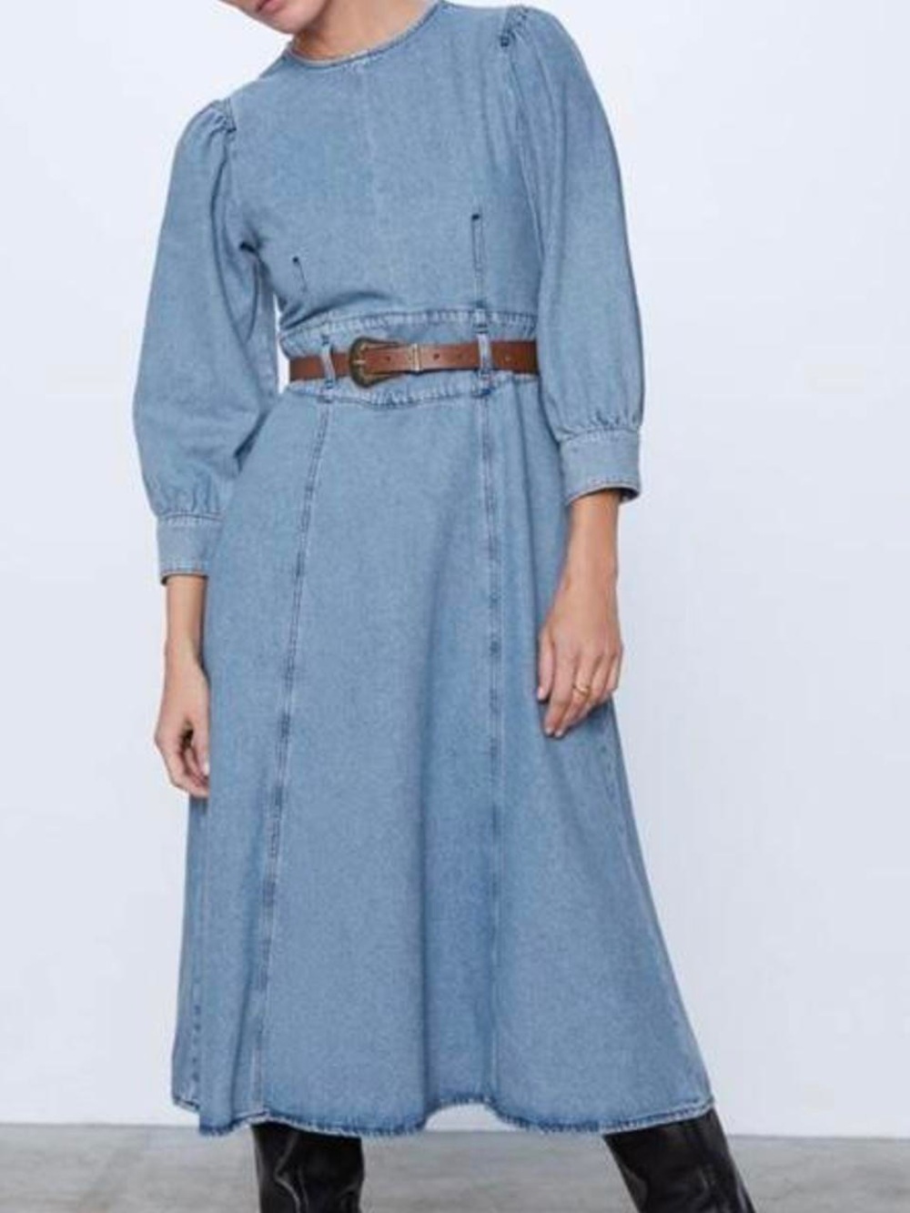 ZARA • Denim Belted Midi Western Dress Size Small